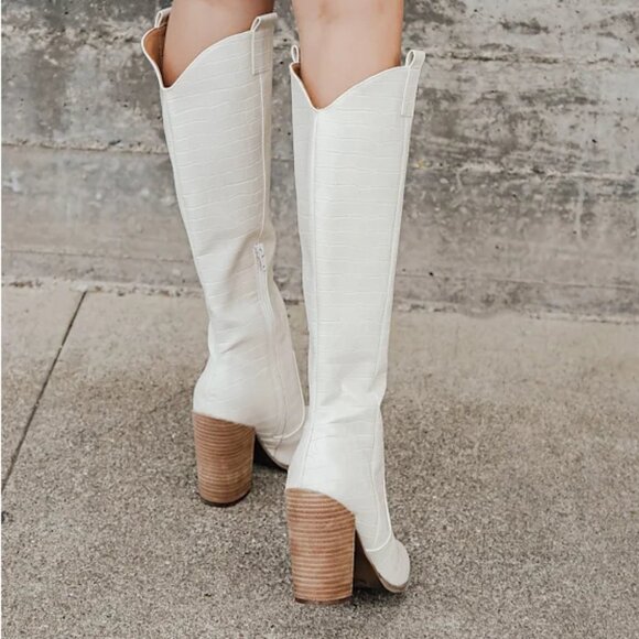 Dolce Vita Vanya Crocodile Embossed Knee High Boots in Bone - Picture 2 of 13